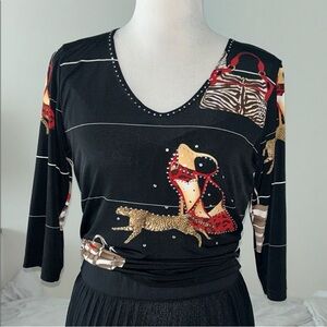 Valentina M Black red and Gold with bling 3/4 Sleeve Top